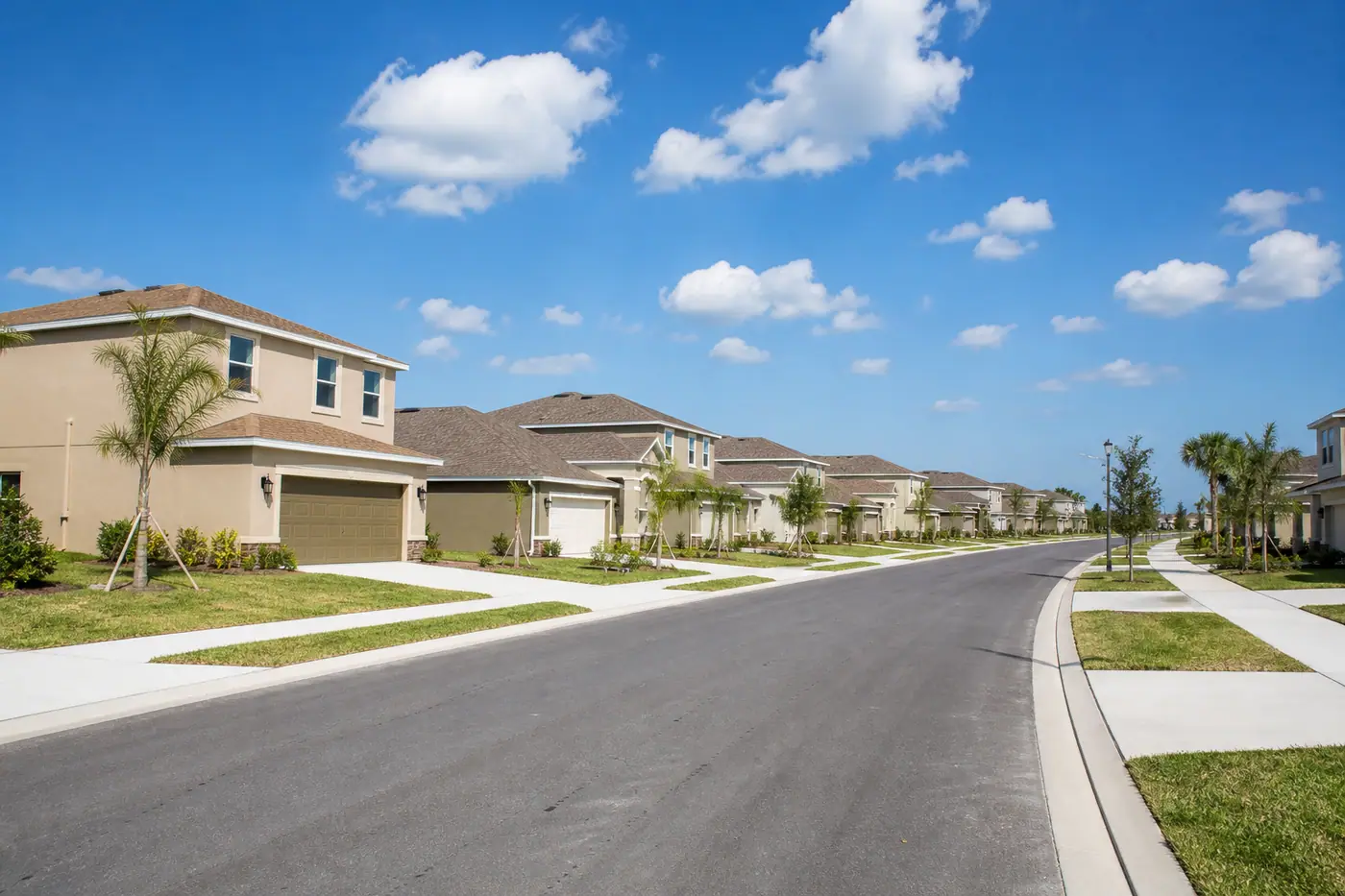 A new construction subdivision of stucco homes with young palms in Davenport, Florida.