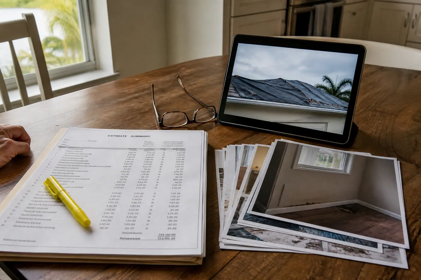 An insurance claim file, damage photos, and a repair estimate spread across a kitchen table.