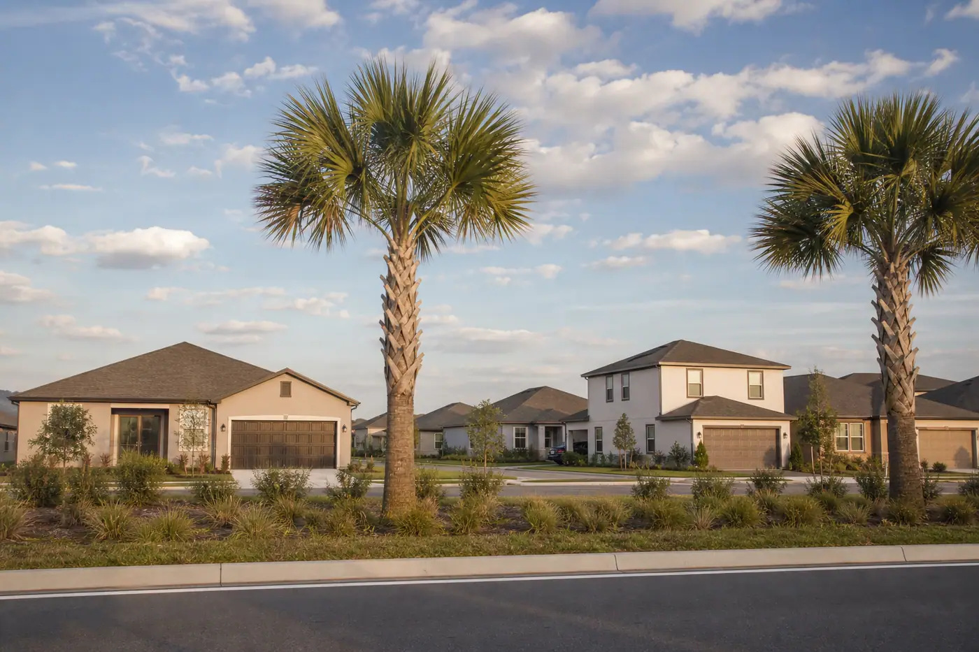 Newer stucco homes and cabbage palms along a Haines City residential corridor.