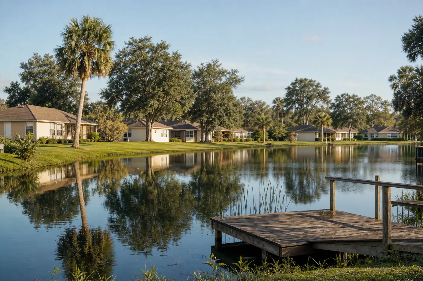 Lakefront homes and a small dock in the Highland City area of Polk County.