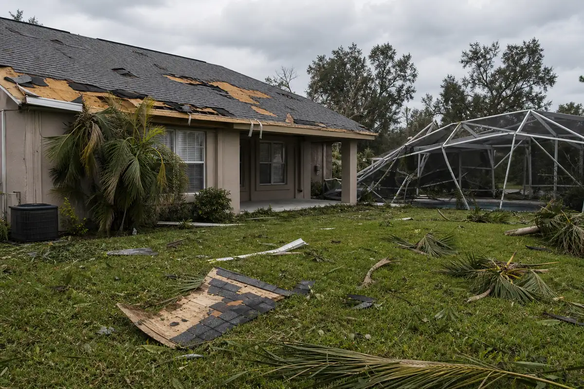 Hurricane wind damage on a Central Florida home — missing shingles, debris, and a collapsed pool cage.