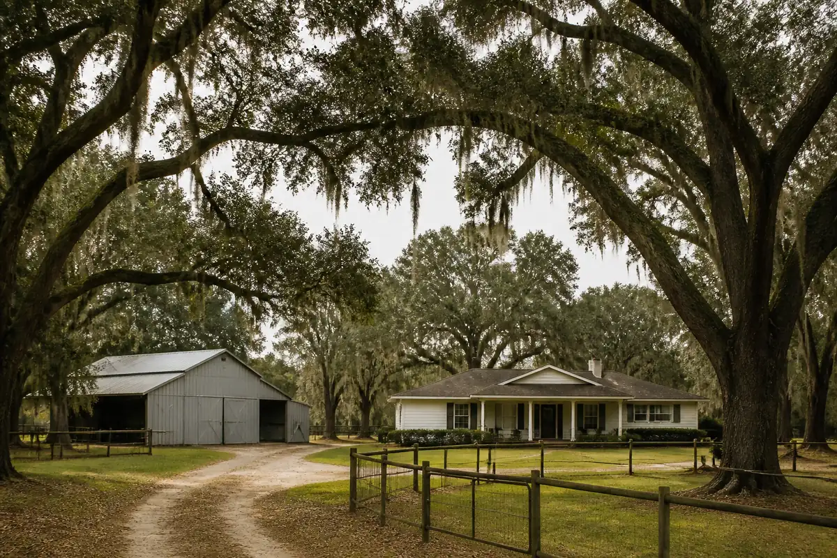 A ranch house and metal-roofed barn under live oaks with Spanish moss in Kathleen, Florida.
