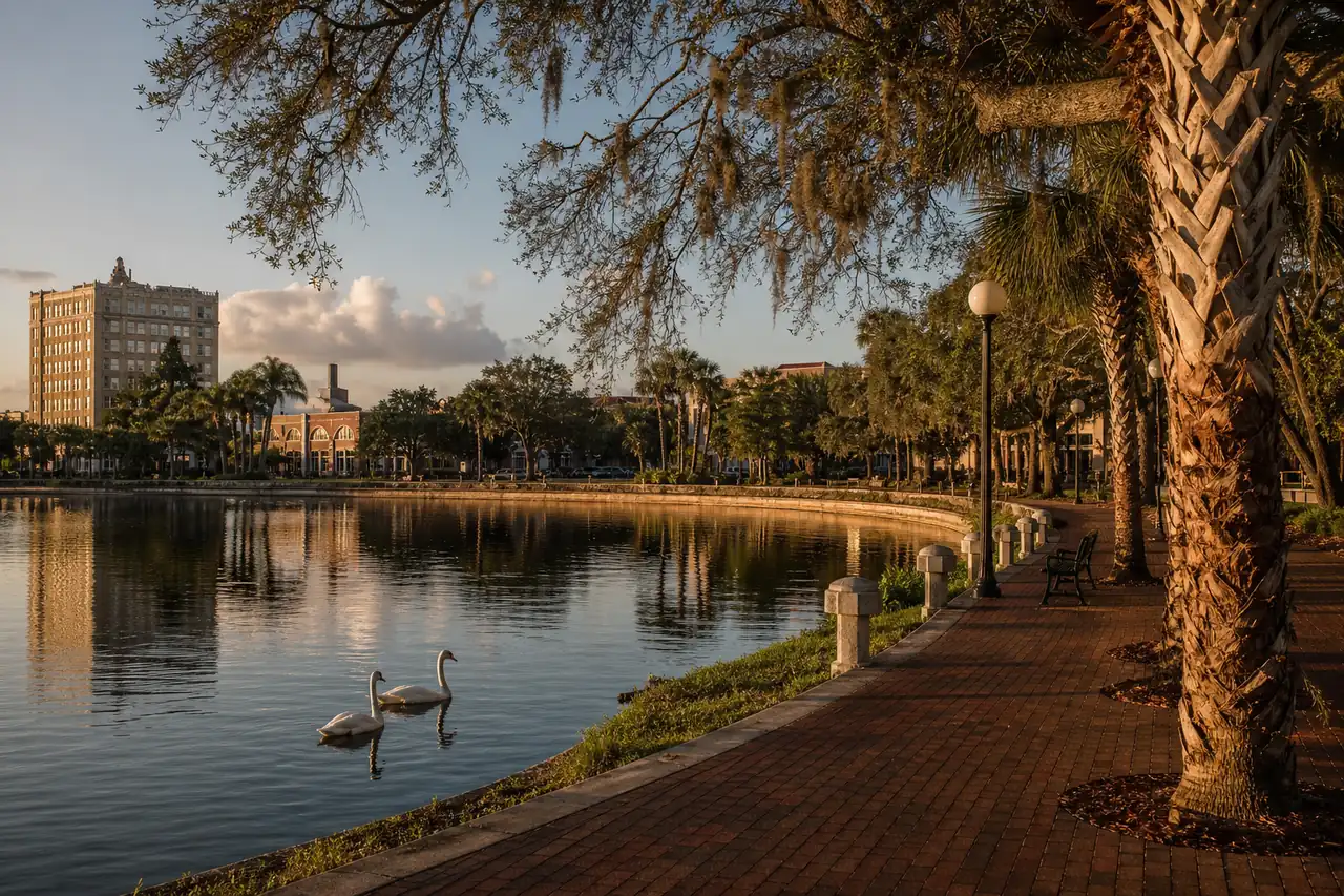 Lake Mirror promenade in downtown Lakeland at golden hour, with palms and a brick walkway along the water.