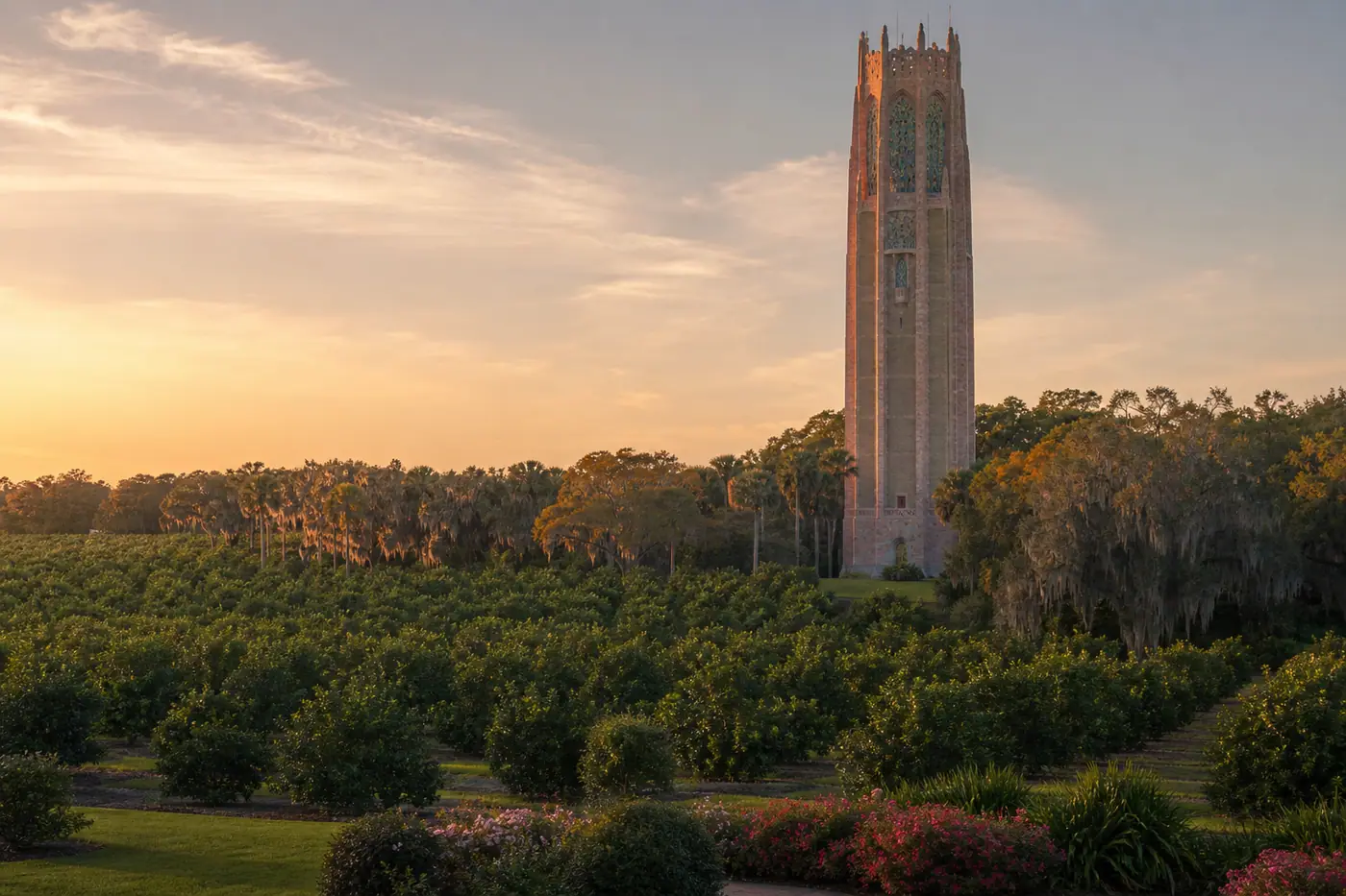 A historic singing tower rising from gardens and citrus groves in Lake Wales, Florida.