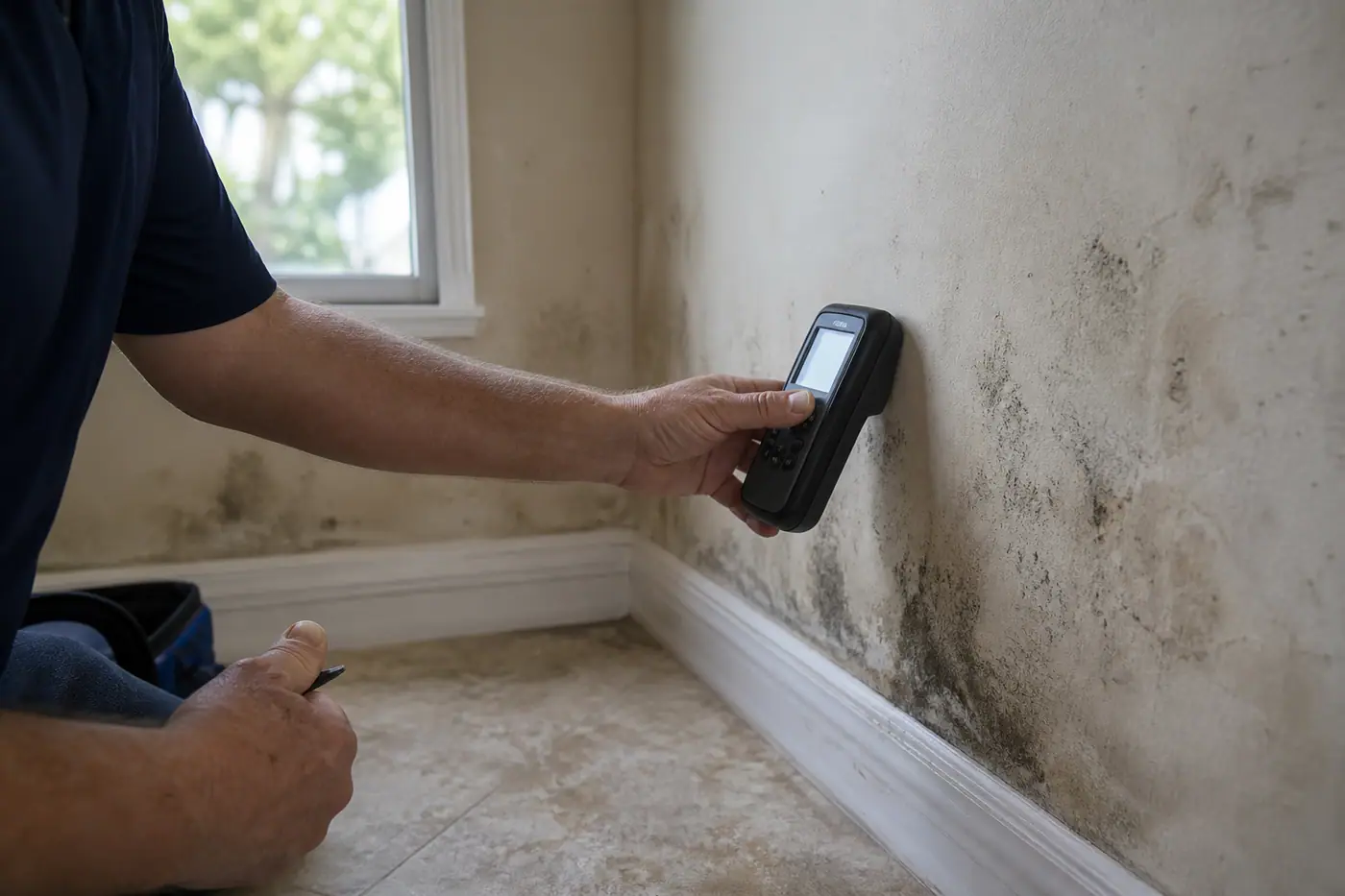 A moisture meter pressed against stained drywall during a mold inspection.