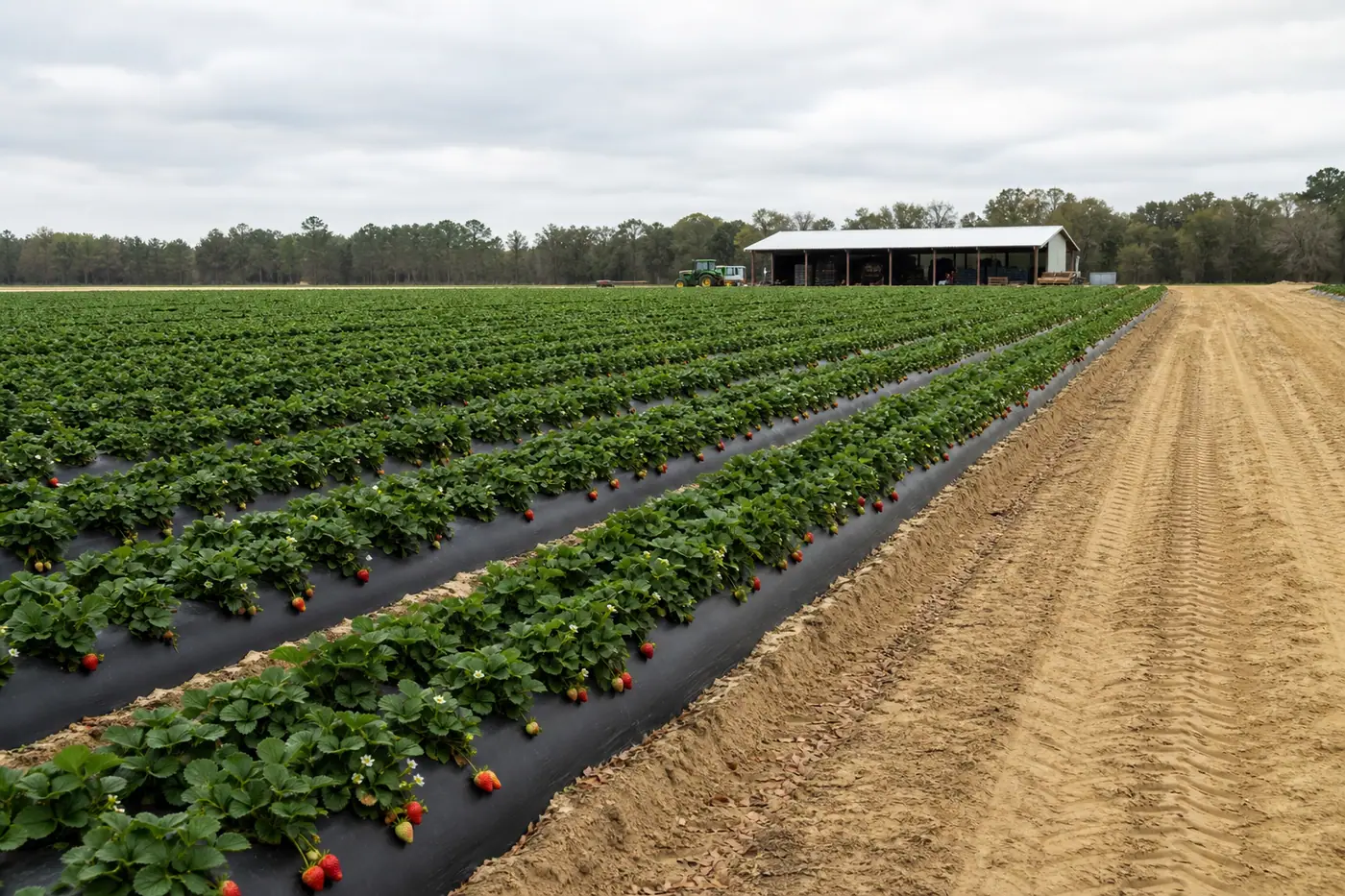 Strawberry fields in rows under a wide Florida sky near Plant City.