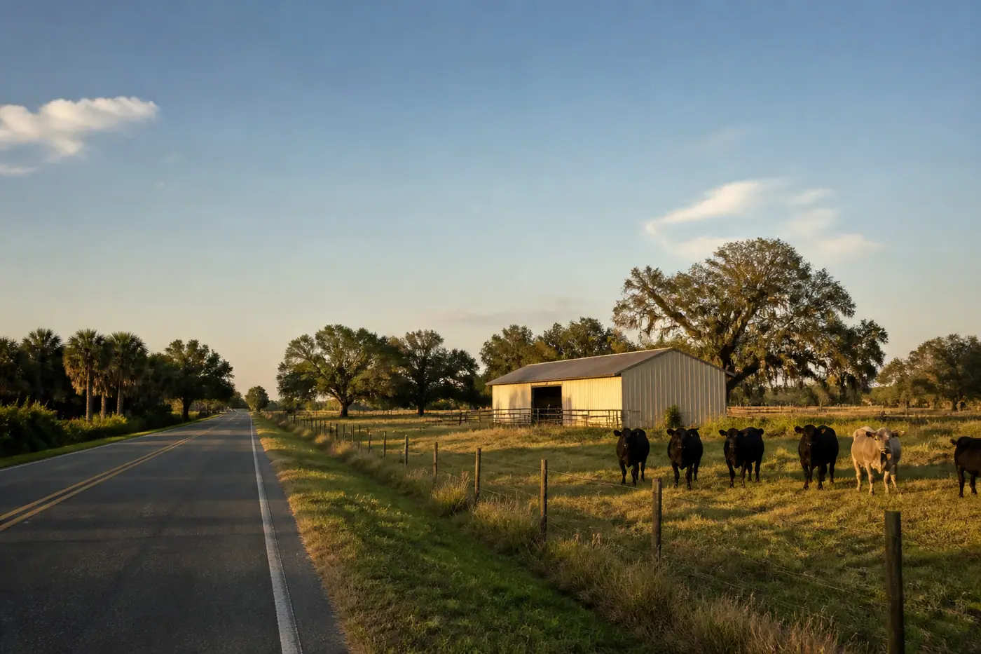 Rural Polk City pasture, a metal barn, and live oaks along a two-lane Florida road.