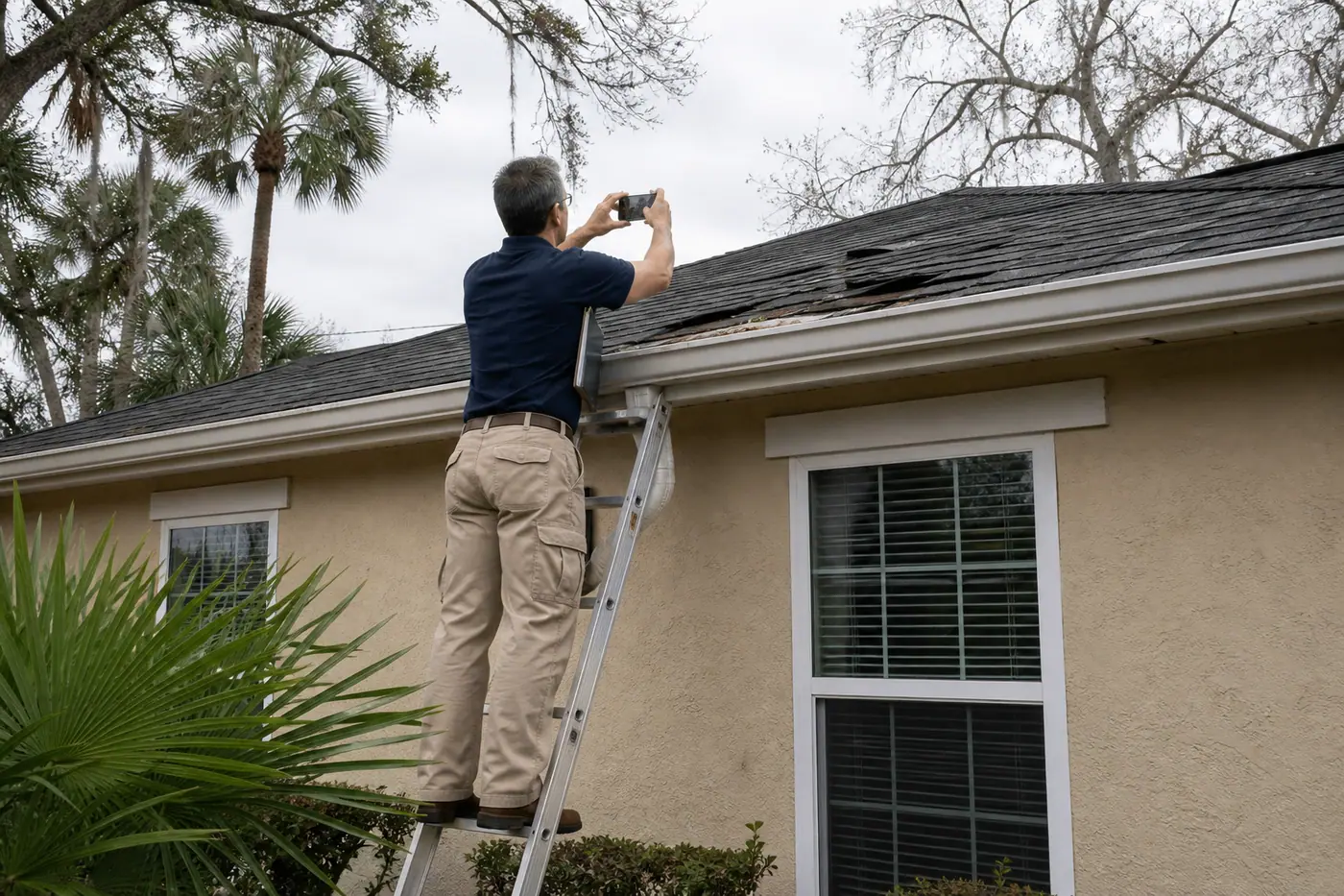 A public adjuster on a ladder photographing shingle damage on a Central Florida home.